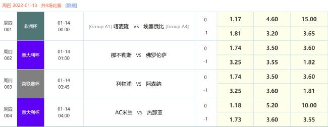 竞彩4场初始指数